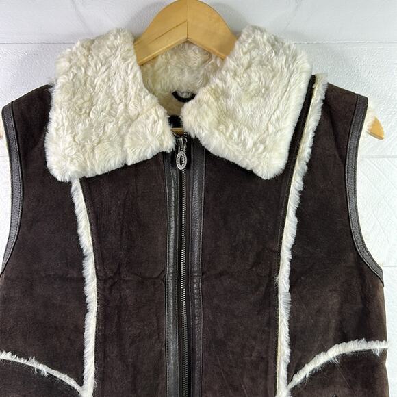STEVE MADDEN Brown Leather Cream Fur Zip Up Vest Jacket Size Medium - Picture 5 of 11